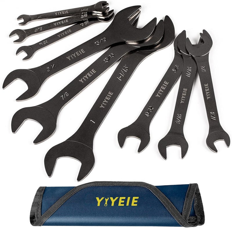 YIYEIE 9Pc. Super Thin Wrench Set, SAE 1/4" to 1-1/16", Nickel Plating, CR-V Steel, Ultra-Slim Open End Wrench Set with Rolling Pouch - Image 1